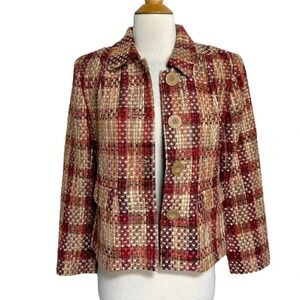 Chadwick 6P Tweed Plaid Blazer Jacket Tan‎ Red Career Work Business Chic